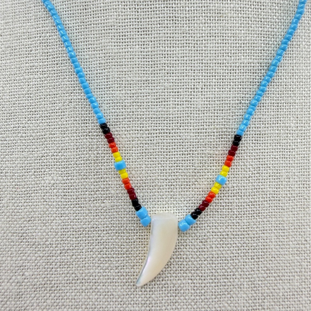Blue Seed Bead Tooth Pendant Necklace Boho Native Inspired Layering Accessory